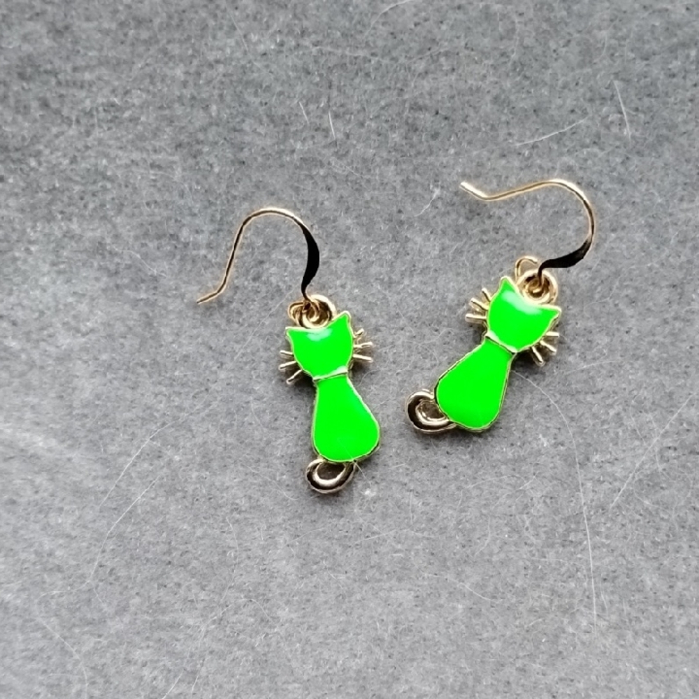 Hand Crafted Green Enamel Cat Charm Earrings